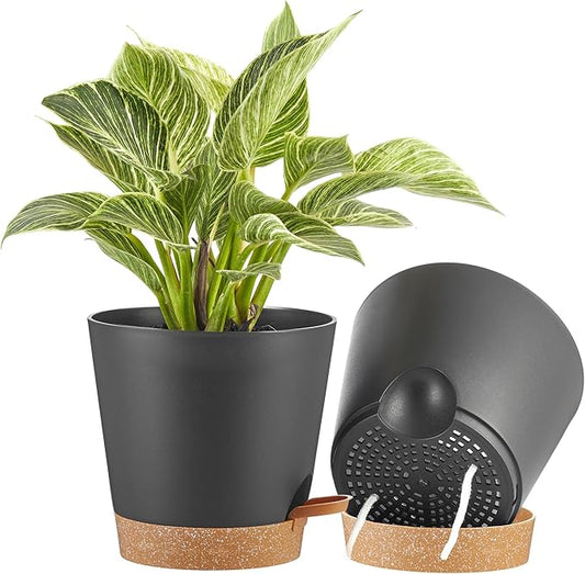 FaithLand 2-Pack 8 Inch Planter Pots for Indoor Outdoor Plants, Self Watering Flower Pots with Deep Reservoir, Black with Terracotta …