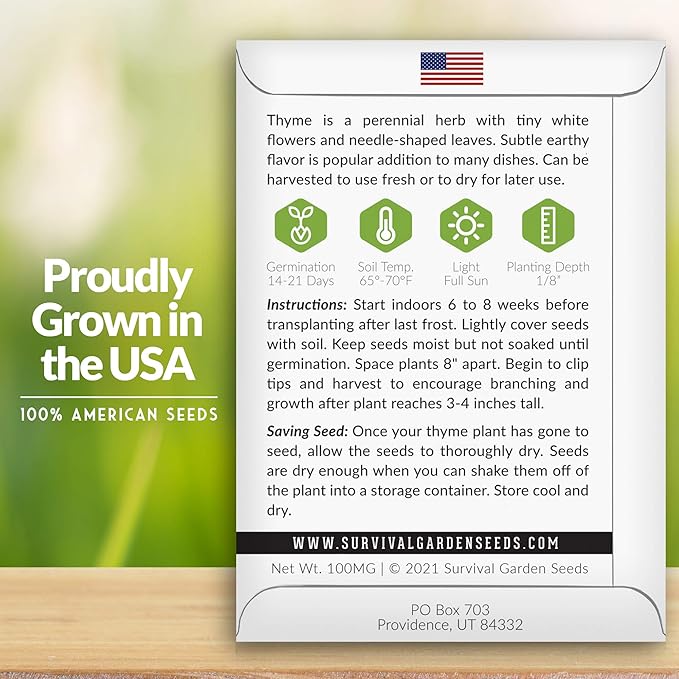 Survival Garden Seeds - Thyme Seed for Planting - 5 Packs with Instructions to Plant and Grow Thymus Vulgaris Herb Plants in Your Home Vegetable Garden - Non-GMO Heirloom Variety - Seed Planting Herb