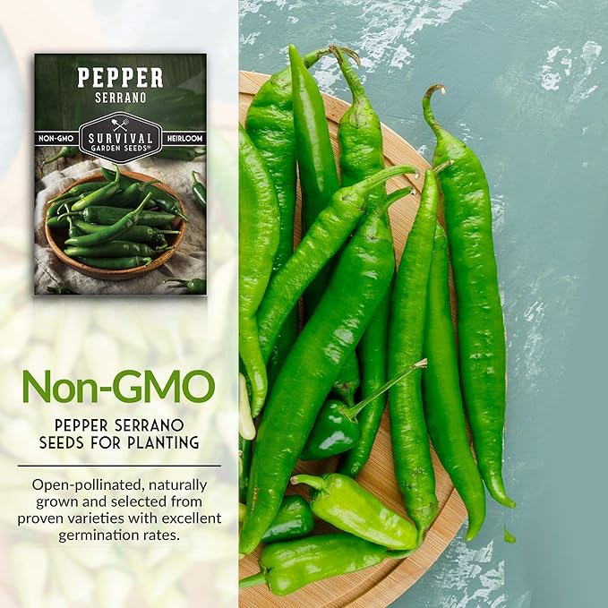 Survival Garden Seeds Serrano Pepper Seeds for Planting – 5 Packs with Instructions to Grow Spicy Mexican Peppers in Your Home Vegetable Garden – Non-GMO Heirloom Variety Seeds