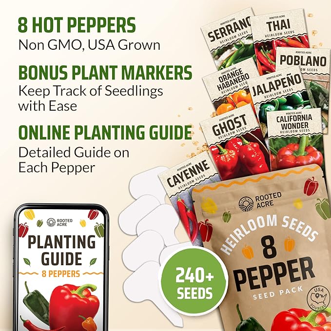 Rooted Acre 8 Varieties Pepper Seeds - Non GMO, USA, Heirloom Hot Pepper Seeds inc Ghost and Jalapeno - High Germinating Pepper Seeds for Planting Home Garden: Serrano, California Wonder, and More