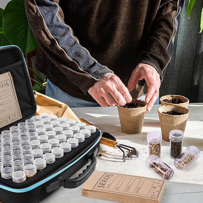 60 Slots Seed Storage Organizer with 20 Seed Envelopes, Sturdy Seed Organizer Storage Box with Zipper Bag Label Stickers(Seeds not Included), Seed Storage Container for Flower Plants Garden