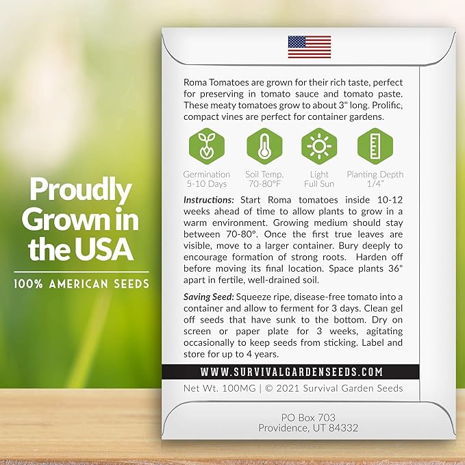 Survival Garden Seeds - Roma Tomato Seed for Planting - 2 Packs with Instructions to Plant and Grow Italian Roma Tomatoes in Your Home Vegetable Garden - Canning Favorite - Non-GMO Heirloom Variety