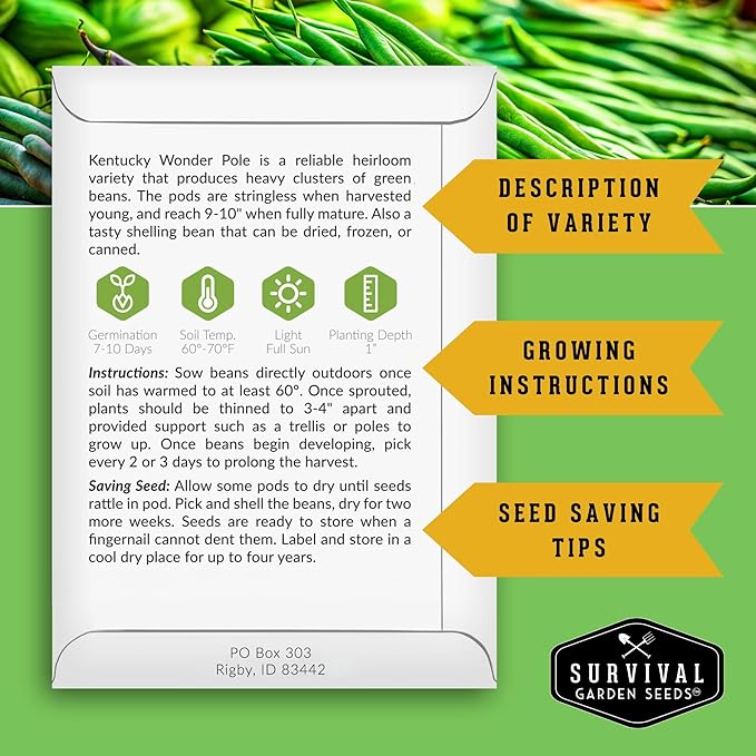 Survival Garden Seeds - Kentucky Wonder Pole Bean Seed for Planting - 5 Packs with Instructions to Plant and Grow Green Snap Beans in Your Home Vegetable Garden - Non-GMO Heirloom Variety