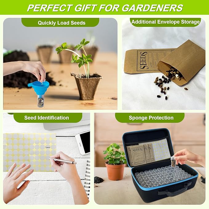 114 Slots Seed Storage Organizer Box with 20 Seed Envelopes, Large Capacity Seed Storage Container with Zipper Bag, Label Stickers, Tweezers, Funnel, Garden Seeds Saver Kit for Vegetable, Flower