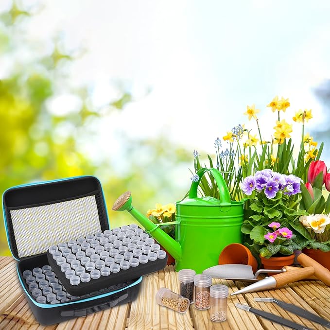 XLSXEXCL120 Slots Seed Storage Organizer Sturdy Seed Organizer Storage Box Plastic Storage Containers, Label Stickers, Funnel, Straight and Curved Tip Tweezers for Flower Vegetable Plants Garden