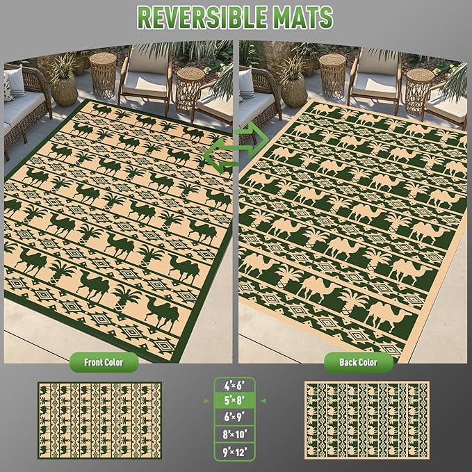 WILDROOTS 5x8 Feet Plastic Tropical Green Outdoor Rug, Stain Resistant Waterproof Reversible Outdoor Patio Rug, Fade Resistant Camping Rug