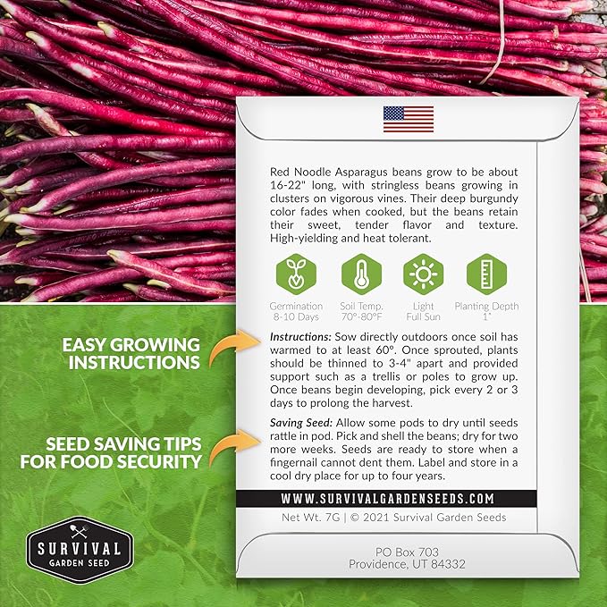 Survival Garden Seeds - Red Noodle Asparagus Bean Seed for Planting - Packet with Instructions to Plant and Extremely Long Stringless Beans in Your Home Vegetable Garden - Non-GMO Heirloom Variety