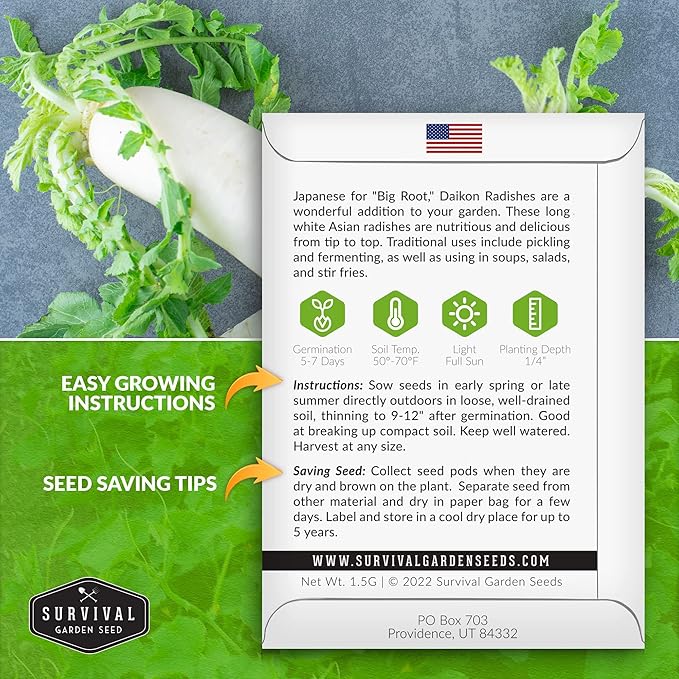 Survival Garden Seeds - Daikon Radish Seed for Planting - 2 Packs with Instructions to Plant and Grow Japanese Radish Vegetables in Your Home Vegetable Garden - Non-GMO Heirloom Variety