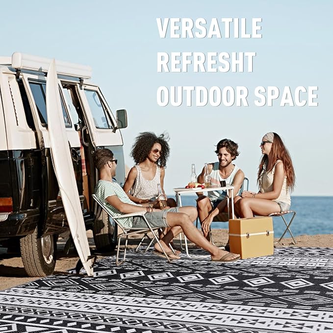 WILDROOTS 4x6 Feet Black and White Plastic Outdoor Rug, Stain Resistant Waterproof Reversible Outdoor Patio Rug, Fade Resistant Camping Rug