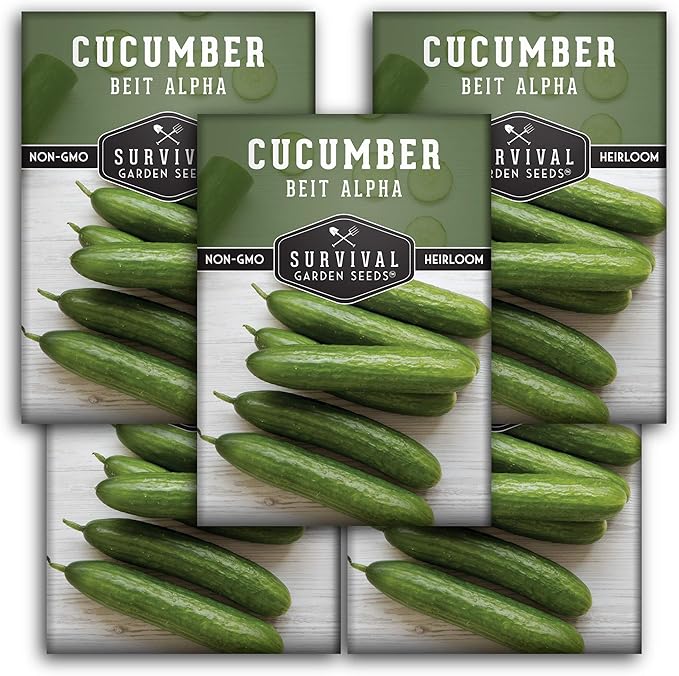 Survival Garden Seeds - Beit Alpha Cucumber Seed for Planting - Pack with Instructions to Plant and Grow Smooth Green Burpless Cucumbers in Your Home Vegetable Garden - Non-GMO Heirloom Variety - 5