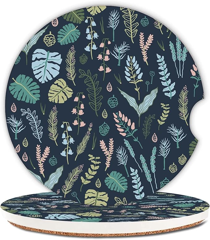 Forest Plants Leaves Seeds Car Coasters,Ceramic Absorbent Cup Holders with Finger Notch & Cork Base Car Assecories for Women/Men 2.6"(2 Pieces)