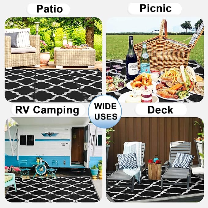 OutdoorLines Outdoor Plastic Area Rugs for Patio 6x9 ft - Reversible Outside Carpet, Stain & UV Resistant RV Mats, Straw Rug for Camping, Deck Garden, Porch and Balcony, Moroccan Black & Light Grey