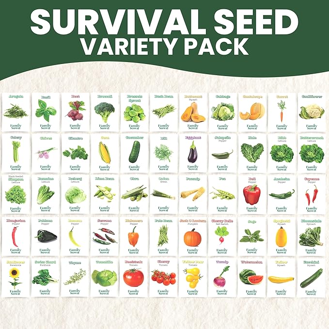 55 Vegetable Seeds | Survival Variety Pack | 2025 Season | Individually Packed Vegetables, Herbs and Fruits | Emergency Seed Vault for Doomsday Prepping | by Family Sown