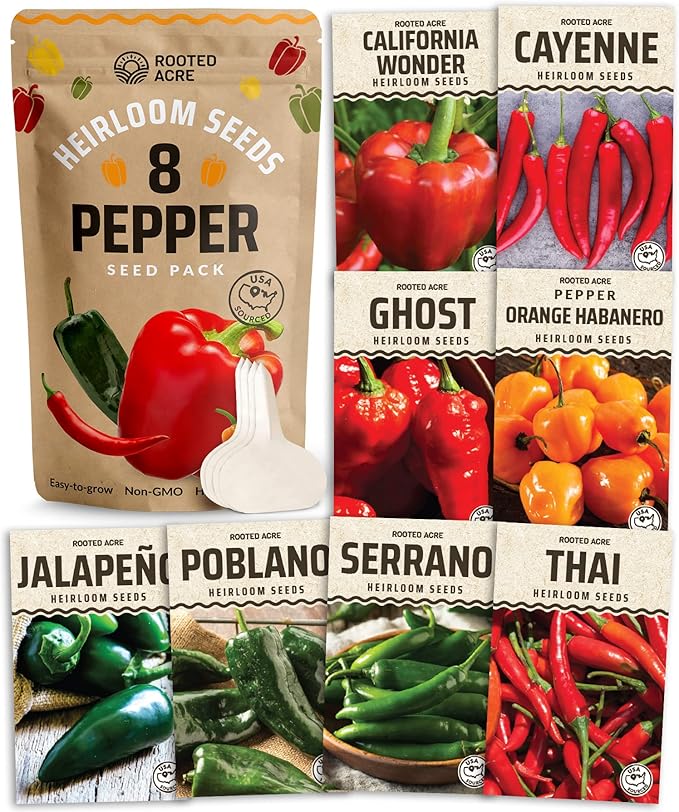 Rooted Acre 8 Varieties Pepper Seeds - Non GMO, USA, Heirloom Hot Pepper Seeds inc Ghost and Jalapeno - High Germinating Pepper Seeds for Planting Home Garden: Serrano, California Wonder, and More
