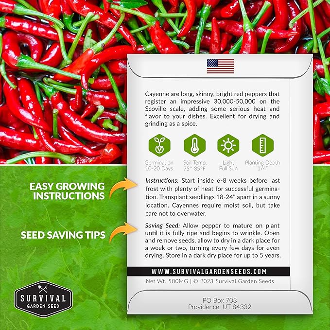 Survival Garden Seeds - Red Cayenne Pepper Seed for Planting - 5 Packets with Instructions to Plant and Grow Hot Chili Peppers in Your Home Vegetable Garden - Non-GMO Heirloom Variety