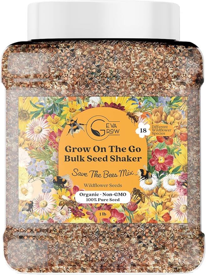 Wildflower Seed Mix 1LB Tub - Save The Bees Seed Mix, by GevaGrow | Bulk 300,000+ Seeds | Pollinator & Bee Attracting Flower Seeds Bulk for Planting in Pots & Outdoor Gardens | 1 Pound Tub