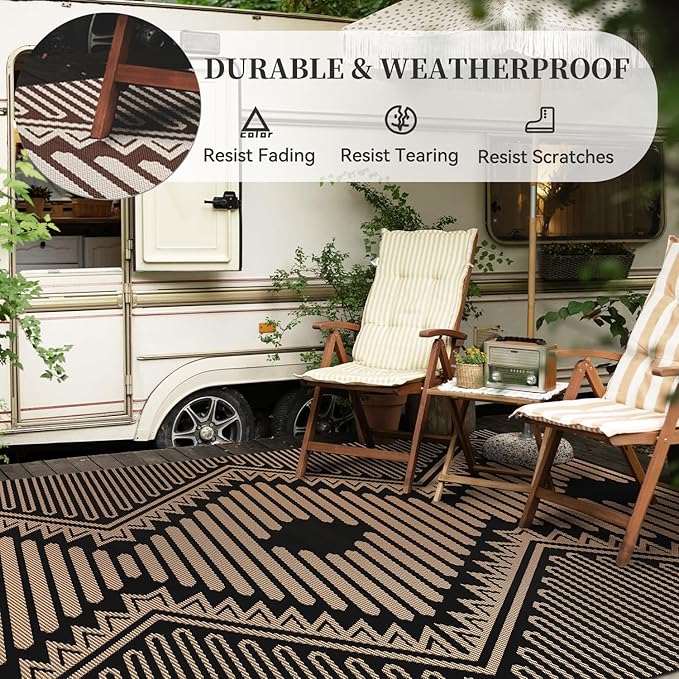 MontVoo Outdoor Rug 8x10 Waterproof Patio Rug-Outdoor Carpet Mat Reversible Plastic Straw Outside Outdoor Rug for RV Camping Picnic Balcony Backyard Pool Deck Porch Modern Boho Black Brown
