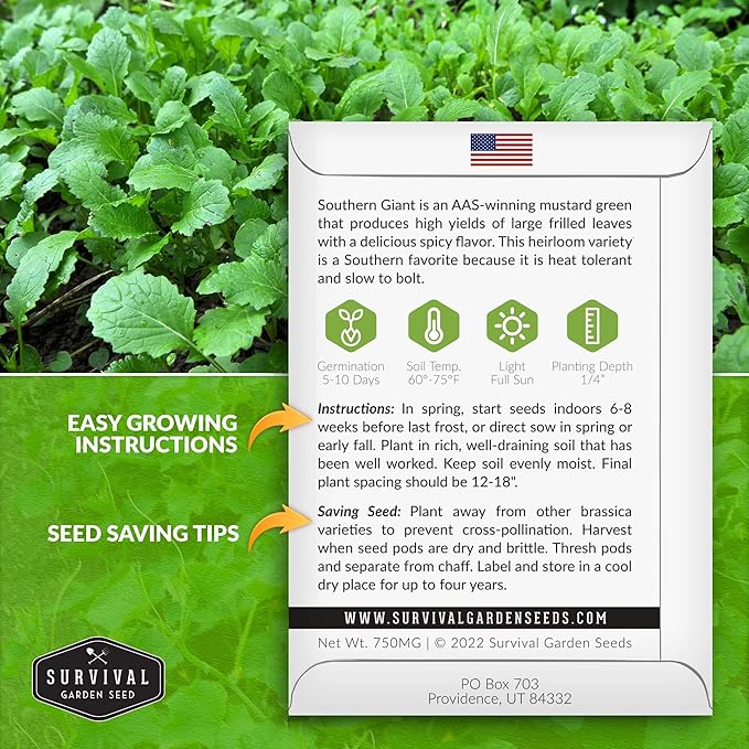 Survival Garden Seeds - Southern Giant Mustard Greens Seed for Planting - 5 Packets with Instructions to Grow Spicy Brassica Juncea Leaves in Your Home Vegetable Garden - Non-GMO Heirloom Variety