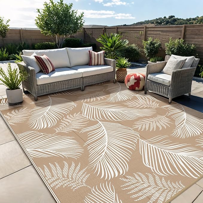 Pauwer Waterproof Outdoor Rug 10x14, Reversible Plastic Straw Patio Camping Rug, Indoor Outdoor RV Mat Carpet for Deck, Camper, Porch, Balcony, Backyard, Picnic, Leaf Brown