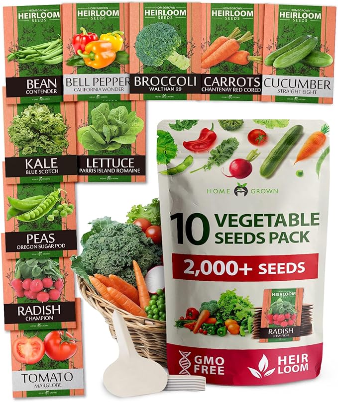 2,000+ Vegetable Seeds for Planting - 10 Heirloom Seeds for Planting Vegetables Indoors or Outdoors: Non-GMO Kale, Lettuce, Tomato, Broccoli, Beans, Peas, Bell Peppers - Home Garden Survival Seeds