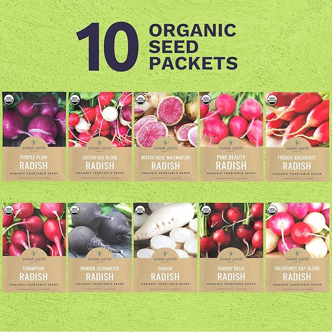 Organic Radish Seeds Variety Pack - 10 Individual Packs - 2025 Season - Pink Beauty, Purple Plum, French Breakfast, Misato Rose and More! for Indoor & Outdoor Planting (Non-GMO, Certified Organic)
