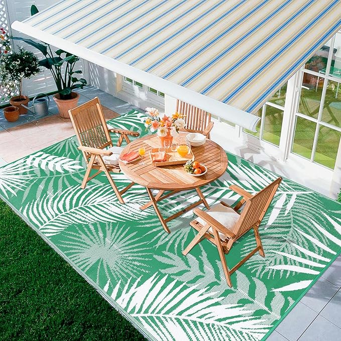Outdoor Rug 8'x10' Waterproof for Patios Clearance, Reversible Outdoor Plastic Straw Rug Camping Carpet, Outside Floor Mats Large Area Rugs for RV,Patio,Deck,Porch, Beach,Balcony,Green&White