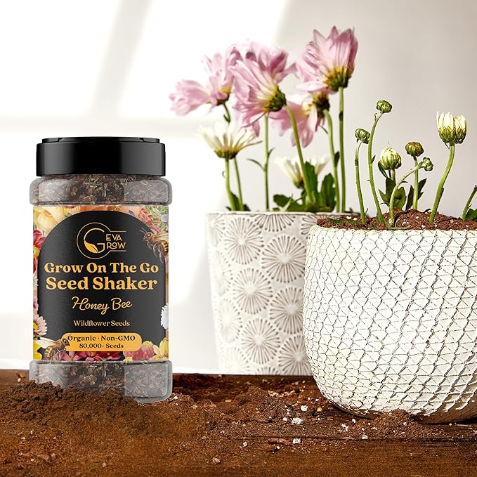 Mini Wildflower Seed Shaker – Honey Bee Wildflower Mix, by GevaGrow | Bulk 90,000+ Seeds | Pollinator Bee Attracting Flower Seeds for Planting in Pots & Outdoor Gardens | No Messy Packets