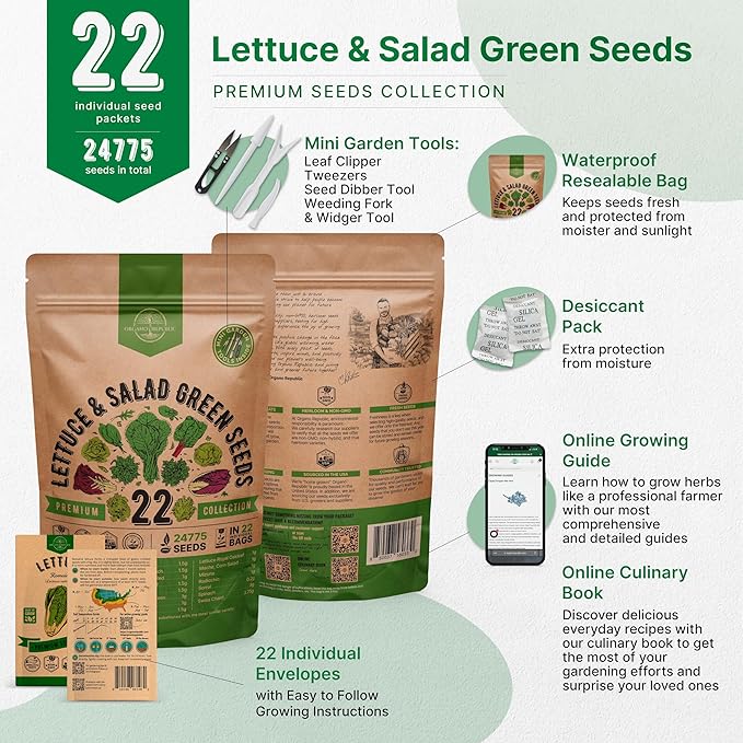 22 Lettuce & Salad Greens Seeds Variety Pack 24,700+ Non-GMO Heirloom Lettuce Seeds for Indoors & Outdoors Garden, Hydroponics, Aerogarden - Arugula, Kale, Spinach, Swiss Chard, Lettuce