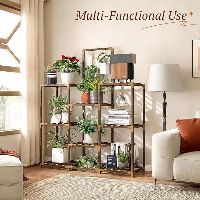 EnHomee Plant Stand Indoor Large Plant Stands Outdoor 5 Tiers Wood Tiered Plants Shelf for Multiple Plants with 8 Potted 34.3" W x 11.8" D x 47.2" H