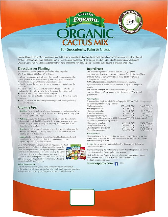 Espoma Organic Cactus Potting Soil Mix, Natural & Organic Soil for Cactus, Succulent, Palm, and Citrus grown in containers both indoors and outdoors, 4 qt, Pack of 2