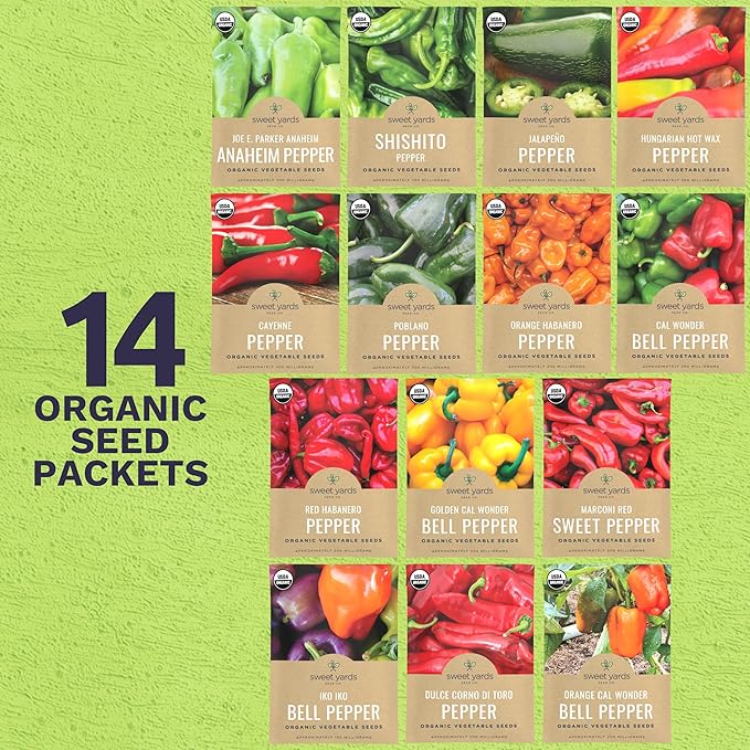 Organic Pepper Seeds (Sweet and Hot) Variety Pack - 14 Individual Packs - 2025 Season - Cayenne, Orange Habanero, Shishito and More! for Indoor & Outdoor Planting (Non-GMO, Certified Organic)
