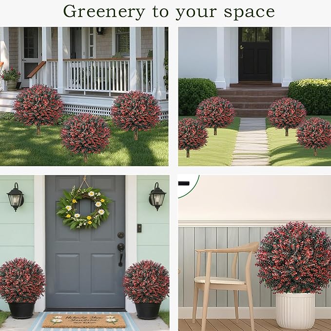 Fall Artificial Boxwood Topiary Ball Tree Bushes with Ground Spike, Set of 2 Outdoor Faux Shrub Topiary Ball, 24" UV Resistant Fake Boxwood Plants for Potted Planter,Indoor,Autumn