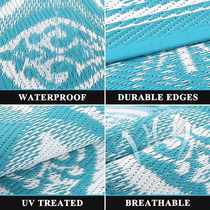 Pauwer Waterproof Outdoor Rug 6x9, Reversible Plastic Straw Patio Camping Rug, Indoor Outdoor RV Mat Carpet for Deck, Camper, Porch, Balcony, Backyard, Picnic, Clover Teal
