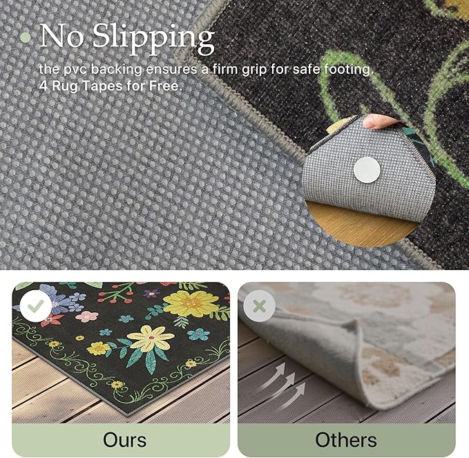 GENIMO Indoor Outdoor Area Rug 2' X 5' Waterproof, Washable Runner Rug Non Shedding, Easy Cleaning Floral Outdoor Carpet for Patio, Living Room, Bedroom, Entryway, Porch, Dining Room, Black