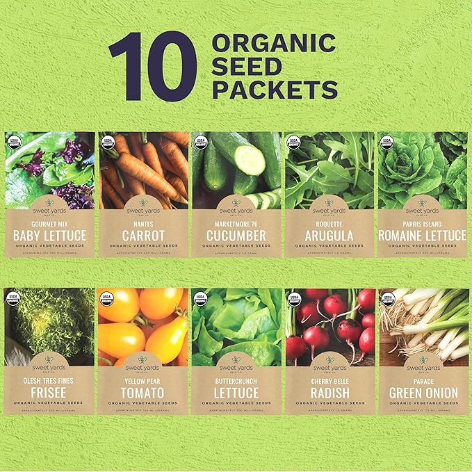 Organic Salad Lover Seeds Variety Pack - 10 Individual Packs - 2025 Season - Yellow Pear Tomato, Buttercrunch Lettuce and More! for Indoor & Outdoor Planting (Non-GMO, Certified Organic)