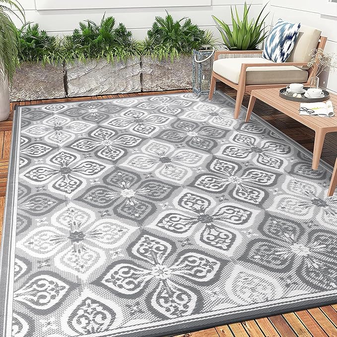 Pauwer Waterproof Outdoor Rug 8x10, Reversible Plastic Straw Patio Camping Rug, Indoor Outdoor RV Mat Carpet for Deck, Camper, Porch, Balcony, Backyard, Picnic, Clover Grey