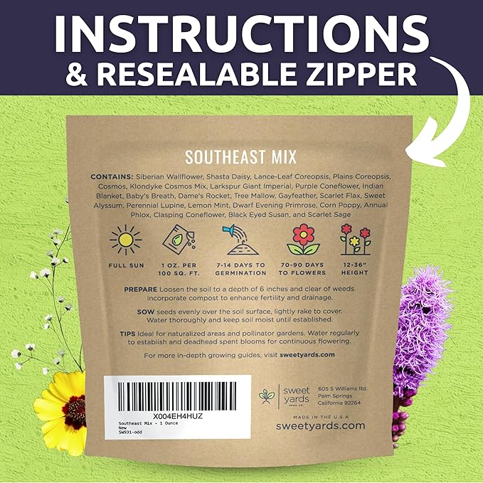 Southeast Regional Mix - Large 1 Ounce Packet - 12,000 Flower Seeds for Planting - Wildflower Mix