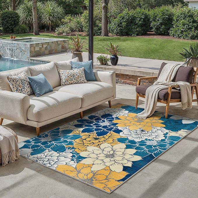 GENIMO Indoor Outdoor Area Rug 5' X 7' Waterproof, Washable Patio Rug Non Shedding, Easy Cleaning Floral Outdoor Carpet for Living Room, Bedroom, Dining Room, Balcony, Backyard, Deck, RV, Blue