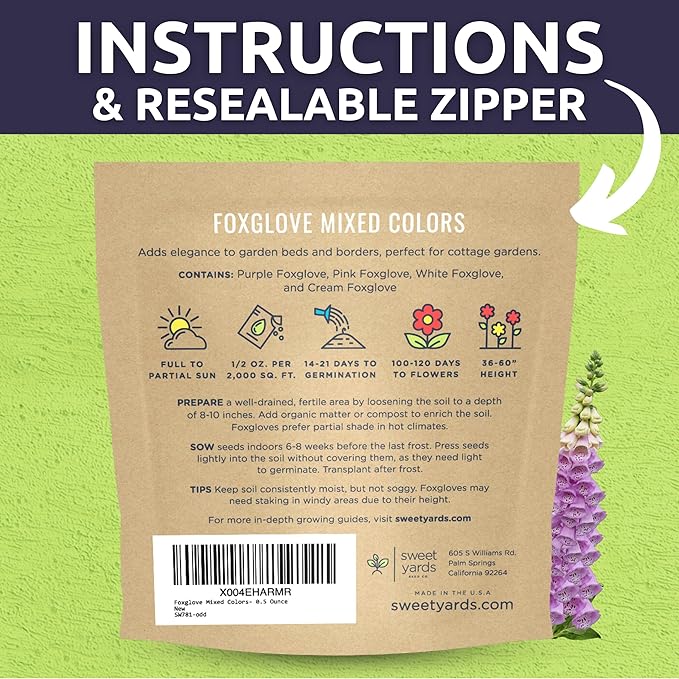 Foxglove Mixed Colors - Large 1/2 Ounce Packet - 125,000 Flower Seeds for Planting - Digitalis purpurea