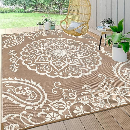 Pauwer Waterproof Outdoor Rug 8x10, Reversible Plastic Straw Patio Camping Rug, Indoor Outdoor RV Mat Carpet for Deck, Camper, Porch, Balcony, Backyard, Picnic, Boho Brown