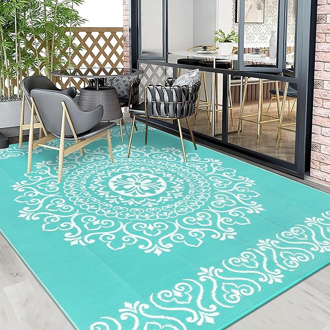 Pauwer Waterproof Outdoor Rug 8x10, Reversible Plastic Straw Patio Camping Rug, Indoor Outdoor RV Mat Carpet for Deck, Camper, Porch, Balcony, Backyard, Picnic, Floral Light Blue