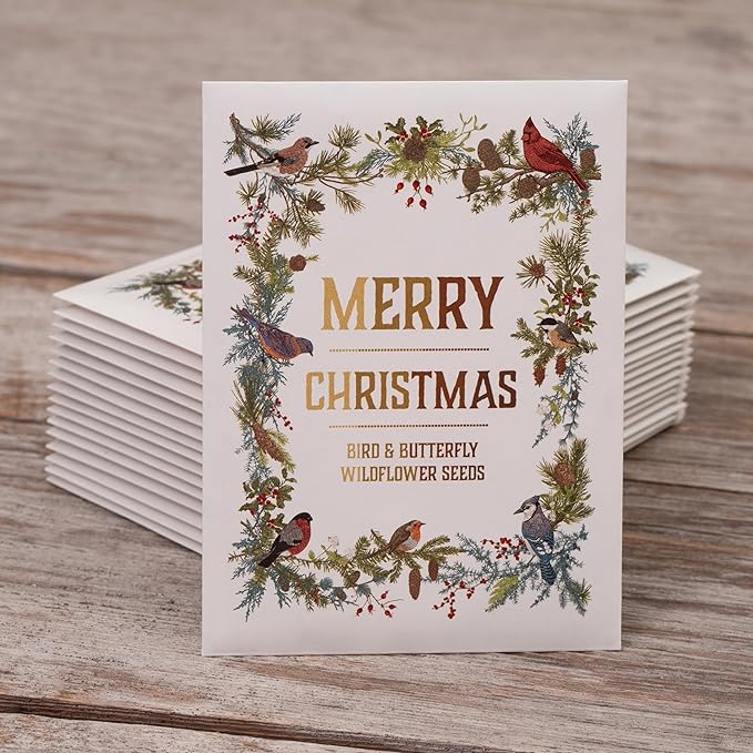 Bentley Seeds Co. Merry Christmas Wreath of Birds Holiday/Christmas Gift Tags | Non-GMO, Non Coated Bird & Butterfly Pollinator Wildflower Seed Mix | 25 Seed Packets