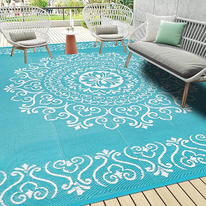 Pauwer Waterproof Outdoor Rug 9x12, Reversible Plastic Straw Patio Camping Rug, Indoor Outdoor RV Mat Carpet for Deck, Camper, Porch, Balcony, Backyard, Picnic, Floral Teal