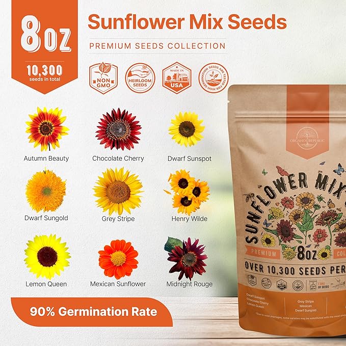 Sunflower Mix Seeds Pack 8 oz - Over 10,300 Non-GMO Heirloom Sunflower Seeds for Planting, Annual Flowers in Individual Seed Packet, Sunflower Seeds for Planting Home Garden Indoor & Outdoor Gardening