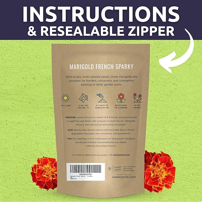 Marigold French Sparky - Bulk 2 Ounce Pouch - 15,000 Flower Seeds for Planting - Tagetes patula