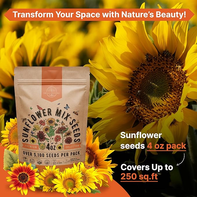 Sunflower Mix Seeds Pack 4 oz - Over 5,100 Non-GMO Heirloom Sunflower Seeds for Planting, Annual Flowers in Individual Seed Packet, Sunflower Seeds for Planting Home Garden Indoor & Outdoor Gardening