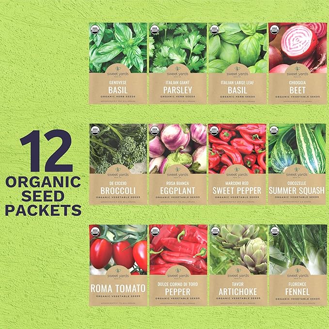 Organic Italian Garden Seeds Variety Pack - 12 Individual Packs - 2025 Season - Genovese Basil, Italian Giant Parsley, Chioggia Beet & More! for Indoor & Outdoor Planting (Non-GMO, Certified Organic)
