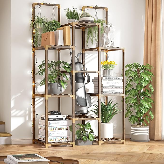EnHomee Double Rod Tiered Plant Stand Indoor Wood Plant Shelves for Multiple Plants Stands with 8 Potted Load-Bearing 360 LBS 34.2''W*11.8''D*47.4''H