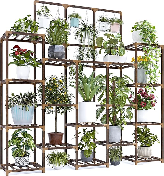 EnHomee 63''H Upgrade Plant Stand Indoor Tall Plant Stands Outdoor with 7 Tiers and 14 Potted Wood Plants Shelves Stand Load-Bearing 600 LBS 11.8''x56''x63''