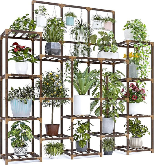EnHomee 63''H Upgrade Plant Stand Indoor Tall Plant Stands Outdoor with 7 Tiers and 14 Potted Wood Plants Shelves Stand Load-Bearing 600 LBS 11.8''x56''x63''